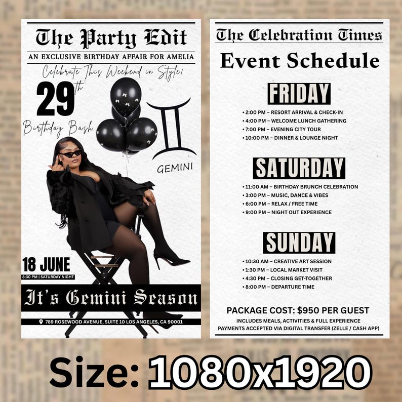 Puede incluir: Un cartel promocional para un evento de cumplea&ntilde;os, con una mujer vestida de negro, gafas de sol y globos. El cartel incluye detalles del evento, un programa y la frase "It's Gemini Season."