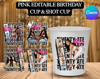 Pink Editable Birthday Cup & Shot Cup Label Sticker Template | Twenty Ate, 28, Printable DIY Party Design Canva Digital Download