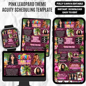 May include: A pink leopard print Acuity scheduling template displayed on a computer monitor, a tablet, and a smartphone. The design features tropical palm trees, surfboards, and hibiscus flowers with text including Summer Hair By.