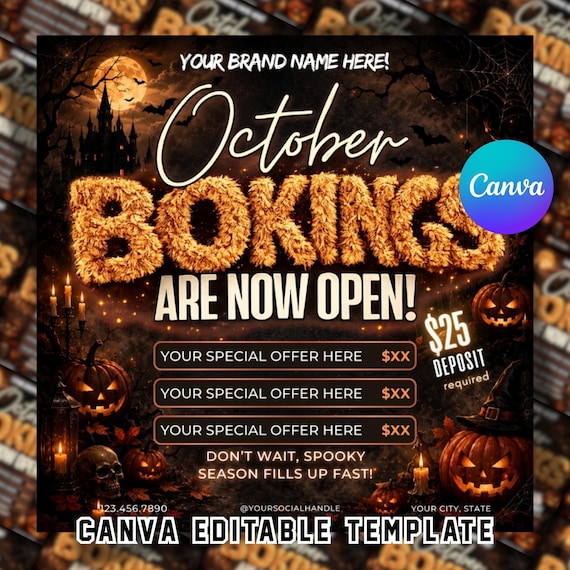 October Booking Flyer, October Books Open, Halloween Hair Flyer, Spooky SZN Flyer, October Hair Flyer, Nails MUA Lash Locs Wig, DIY Canva