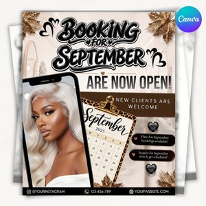 May include: A promotional flyer for September 2025 bookings featuring a smartphone displaying a person with long wavy blonde hair, a leopard print clipboard calendar, gold leaf accents, and text stating Booking for September are now open.