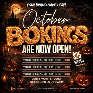 October Booking Flyer, October Books Open, Halloween Hair Flyer, Spooky SZN Flyer, October Hair Flyer, Nails MUA Lash Locs Wig, DIY Canva