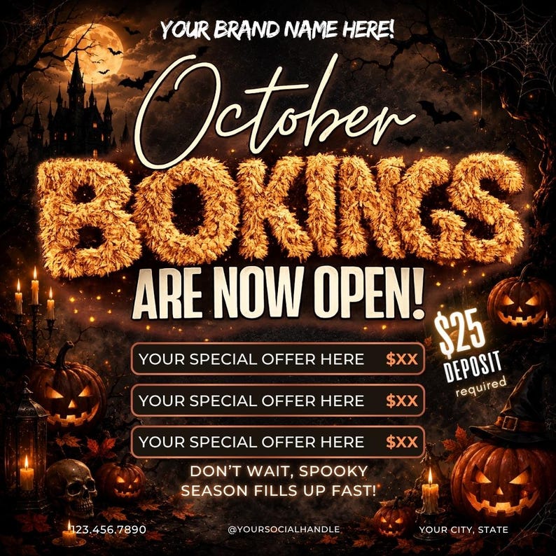 October Booking Flyer, October Books Open, Halloween Hair Flyer, Spooky SZN Flyer, October Hair Flyer, Nails MUA Lash Locs Wig, DIY Canva