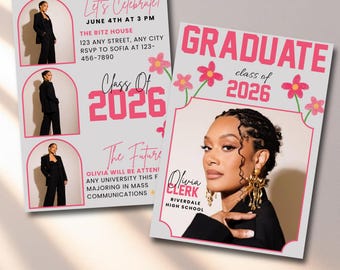 Floral Graduation Announcement Template | Class of 2026 Senior Girl Photo Card | Editable Scalloped Frame Wildflower Grad Invite