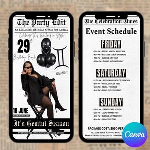 Puede incluir: Dos smartphones que muestran informaci&oacute;n del evento. La pantalla izquierda muestra "The Party Edit" para el cumplea&ntilde;os de Amelia, con una mujer, globos y "It's Gemini Season." La pantalla derecha muestra el programa del evento, incluyendo horarios y actividades.