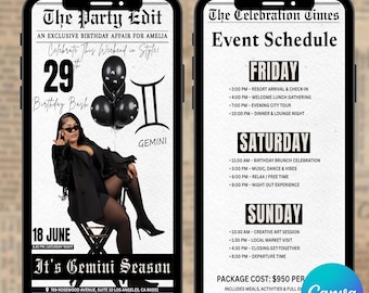 Editable Gemini Birthday Weekend Newspaper Invitation, Digital Gemini Birthday Girl Trip Newspaper Invite, Bday Itinerary, Canva Template