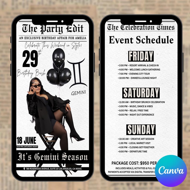 Puede incluir: Dos smartphones que muestran informaci&oacute;n del evento. La pantalla izquierda muestra "The Party Edit" para el cumplea&ntilde;os de Amelia, con una mujer, globos y "It's Gemini Season." La pantalla derecha muestra el programa del evento, incluyendo horarios y actividades.