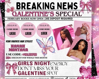 Galentine’s Day Newspaper Flyer Template | Magazine-Style Party Flyer | Editable Pink Girls Night Invite | Valentine Invitation