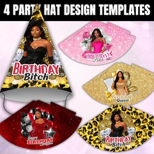 Könnte beinhalten: Vier Partyhut-Designvorlagen mit Bildern von Frauen in Abendgarderobe. Die Designs umfassen einen schwarzen Leopardenmuster-Druck mit dem Text Birthday Bitch, ein rosa Glitzermuster mit Birthday Bitch, einen goldenen Glitzerstil mit Birthday Queen und einen roten Hintergrund mit Birthday Christine.