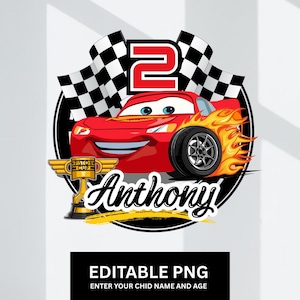 Peut inclure: Un graphique numérique représentant une voiture de course rouge avec des flammes, un grand chiffre 2 rouge et deux drapeaux à damier. Un trophée Piston Cup doré est placé à gauche, et le nom Anthony est écrit en lettres blanches. Texte Editable PNG.