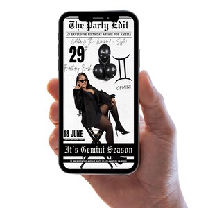 Puede incluir: Un smartphone muestra una invitaci&oacute;n de cumplea&ntilde;os en blanco y negro. El texto dice "The Party Edit" y "It's Gemini Season". La imagen incluye una mujer, globos negros y el s&iacute;mbolo de G&eacute;minis.