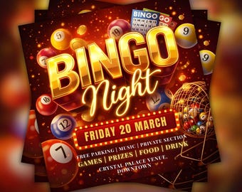 Editable Bingo Night Flyer | DIY Template Design Club, Casino Party Template, & Game Night Events Game Night Flyer, Premade Event Flyer