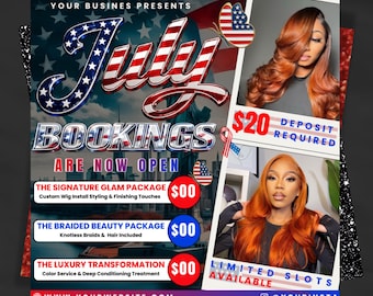 July Booking Flyer, July Bookings, 4th of July Booking Flyer, July Books Open, Appointment Flyer, Hair Nails Lashes Makeup, Book Now Flyer