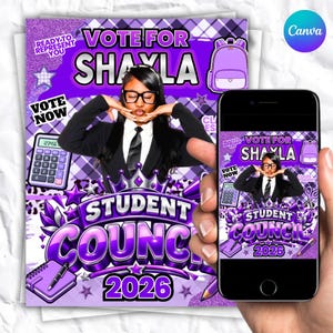 May include: A purple campaign flyer for a student council election featuring the text VOTE FOR SHAYLA, STUDENT COUNCIL 2026, and VOTE NOW. The design includes a person in a suit, a calculator, a backpack, a notebook, and stars on a plaid background.