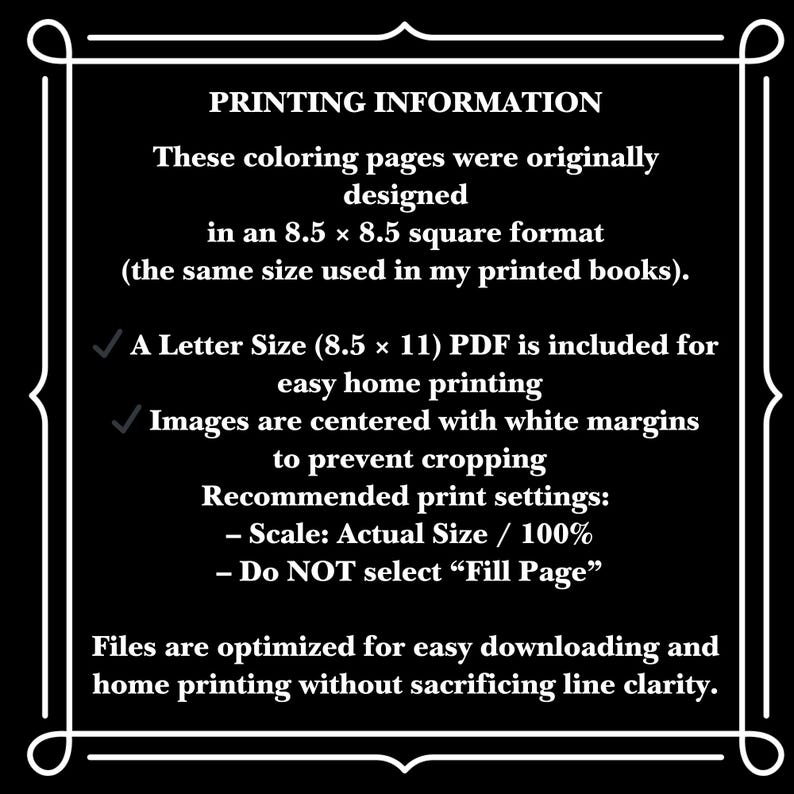 Peut inclure: Image en noir et blanc avec du texte fournissant des informations d'impression pour des pages &agrave; colorier. Le texte comprend des d&eacute;tails sur le format carr&eacute;, la taille du PDF, les marges et les param&egrave;tres d'impression. Les fichiers sont optimis&eacute;s pour l'impression &agrave; domicile.