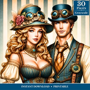 Op de afbeelding: Digitale illustratie van een steampunk-koppel. De vrouw draagt een teal hoed met een bril, een roos en een gedetailleerd teal korset. De man draagt een bijpassende hoed en vest met een zakhorloge. De tekst "30 Pages Grayscale" en "Instant Download Printable".