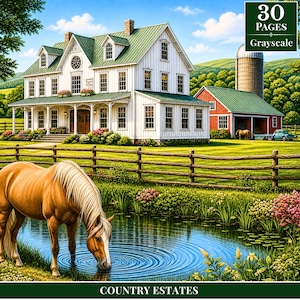 Peut inclure: Illustration numérique d'une ferme blanche avec un toit vert, une grange rouge et un silo. Un cheval brun boit dans un étang au premier plan. Le texte "30 Pages Grayscale" et "Country Estates" est inclus.