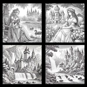 Peut inclure: Quatre illustrations en noir et blanc de sc&egrave;nes fantastiques. Chacune pr&eacute;sente un ch&acirc;teau, une femme et des &eacute;l&eacute;ments naturels comme l'eau et les arbres. Le style artistique est d&eacute;taill&eacute;, avec un accent sur l'ombrage et les motifs complexes, cr&eacute;ant une esth&eacute;tique de conte de f&eacute;es.