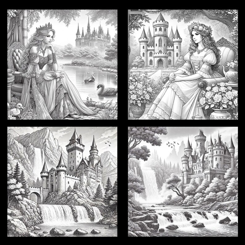 Peut inclure: Quatre illustrations en noir et blanc de sc&egrave;nes fantastiques. Chacune pr&eacute;sente un ch&acirc;teau, une femme et des &eacute;l&eacute;ments naturels comme l'eau et les arbres. Le style artistique est d&eacute;taill&eacute;, avec un accent sur l'ombrage et les motifs complexes, cr&eacute;ant une esth&eacute;tique de conte de f&eacute;es.