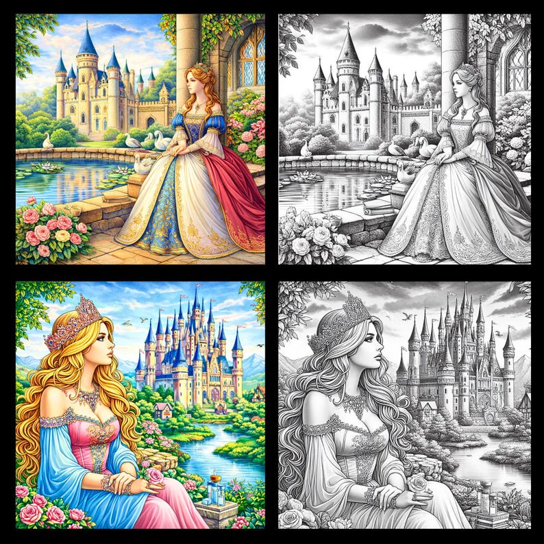 Peut inclure: Quatre images d'une princesse en robe color&eacute;e, avec un ch&acirc;teau en arri&egrave;re-plan. La princesse est assise pr&egrave;s d'un &eacute;tang avec des cygnes. Les images sont en couleur et en noir et blanc.