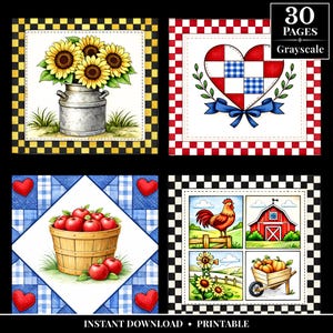 Op de afbeelding: Vier vierkante illustraties met een boerderijthema. Afbeeldingen zijn onder meer zonnebloemen in een metalen container, een hartvormige quilt, een mand met appels en een haan met een schuur. Tekst luidt "30 PAGES Grayscale" en "INSTANT DOWNLOAD • PRINTABLE."