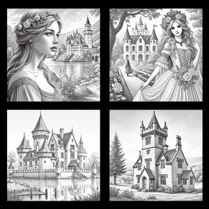 Peut inclure: Quatre illustrations en noir et blanc de ch&acirc;teaux et de femmes. L'une montre une femme avec une couronne de fleurs et un ch&acirc;teau en arri&egrave;re-plan. Une autre montre une femme en robe avec un ch&acirc;teau. Les deux autres images montrent des ch&acirc;teaux.