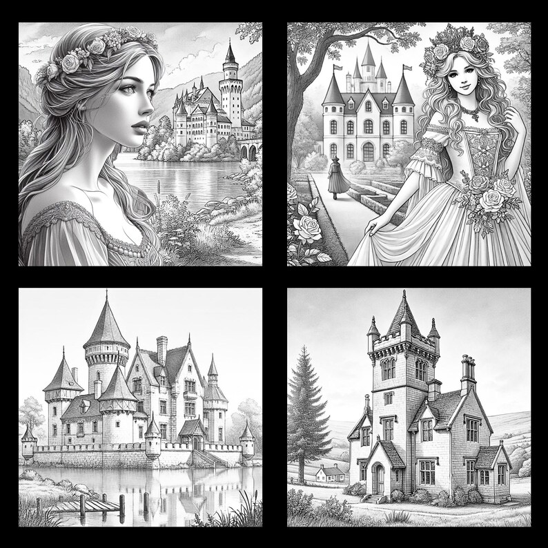 Peut inclure: Quatre illustrations en noir et blanc de ch&acirc;teaux et de femmes. L'une montre une femme avec une couronne de fleurs et un ch&acirc;teau en arri&egrave;re-plan. Une autre montre une femme en robe avec un ch&acirc;teau. Les deux autres images montrent des ch&acirc;teaux.