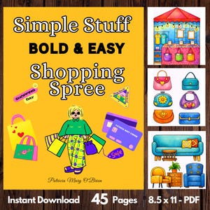 May include: A digital download cover with the text "Simple Stuff BOLD & EASY Shopping Spree." The image features illustrations of shopping bags, credit cards, and a woman with shopping bags. Additional illustrations include purses, furniture, and a shopping market.