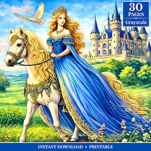 Peut inclure: Couverture de livre de coloriage num&eacute;rique en niveaux de gris avec une princesse &agrave; cheval sur un cheval blanc. La princesse porte une robe bleue avec des bordures dor&eacute;es et une couronne. Une colombe vole au-dessus. Le texte "30 PAGES Grayscale".