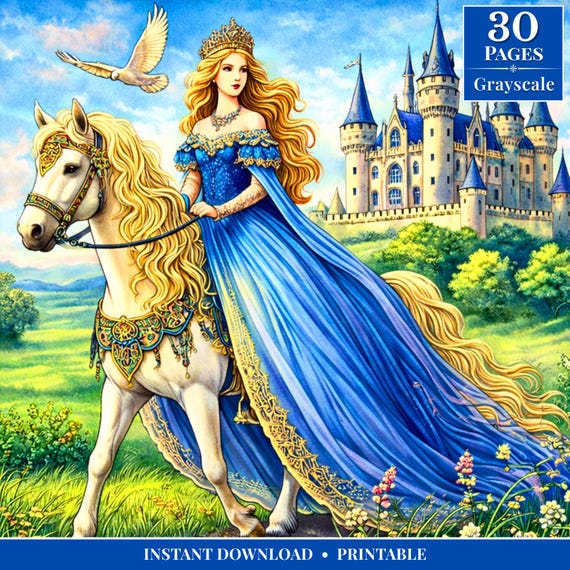 Castles and Queens Grayscale Coloring Book | Romantic Fantasy Art | Printable PDF