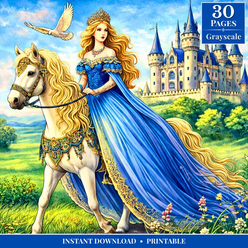 Peut inclure: Couverture de livre de coloriage num&eacute;rique en niveaux de gris avec une princesse &agrave; cheval sur un cheval blanc. La princesse porte une robe bleue avec des bordures dor&eacute;es et une couronne. Une colombe vole au-dessus. Le texte "30 PAGES Grayscale".