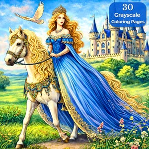 Castles and Queens Grayscale Coloring Book | Romantic Fantasy Art | Printable PDF