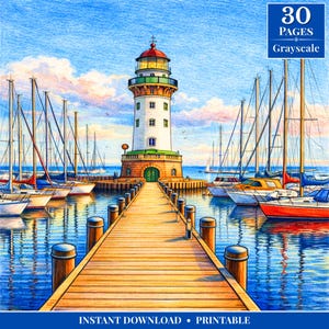 May include: A grayscale printable coloring book page depicting a lighthouse at a harbour with sailboats. The lighthouse is white with a red top and a green door. The text "30 PAGES Grayscale" is in the upper right corner. The text "INSTANT DOWNLOAD • PRINTABLE" is at the bottom.
