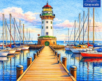 Livre de coloriage phare en niveaux de gris | Scènes côtières, nautiques et océaniques | PDF imprimable