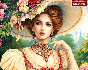 Pages à colorier en niveaux de gris pour femmes de l'époque victorienne | Art de la mode vintage classique | Téléchargement instantané