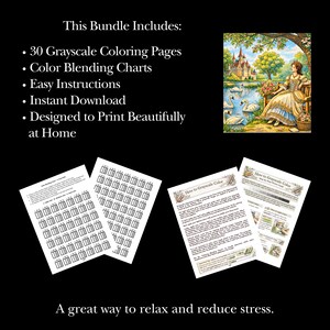 Peut inclure: Un ensemble de t&eacute;l&eacute;chargement num&eacute;rique comprenant 30 pages de coloriage en niveaux de gris, des tableaux de m&eacute;lange de couleurs et des instructions faciles. L'image comprend une page de coloriage d'&eacute;chantillon. Texte: "Une excellente fa&ccedil;on de se d&eacute;tendre et de r&eacute;duire le stress."