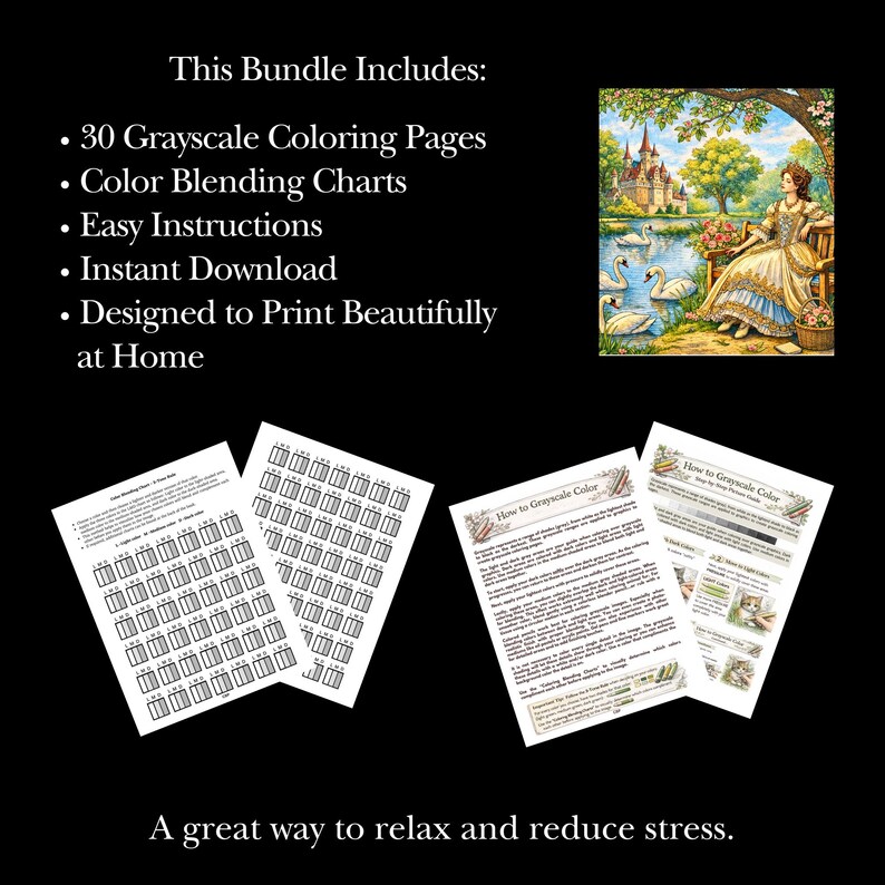 Peut inclure: Un ensemble de t&eacute;l&eacute;chargement num&eacute;rique comprenant 30 pages de coloriage en niveaux de gris, des tableaux de m&eacute;lange de couleurs et des instructions faciles. L'image comprend une page de coloriage d'&eacute;chantillon. Texte: "Une excellente fa&ccedil;on de se d&eacute;tendre et de r&eacute;duire le stress."