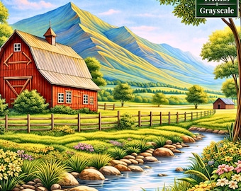 Landscapes Grayscale Coloring Book | Relaxing Mountains, Forest & Seaside Views | Printable PDF