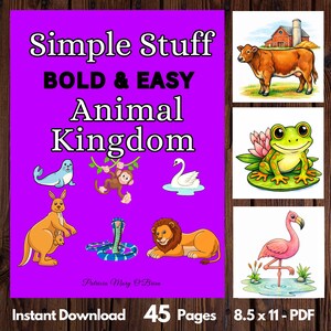 Op de afbeelding: Een paarse PDF-boekcover met de titel "Simple Stuff Animal Kingdom" en illustraties van verschillende dieren. Het boek is 21,59 x 27,94 cm groot en heeft 45 pagina's. De cover bevat ook de tekst "Direct downloaden".