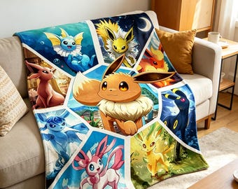 Eeveelutions Collage Blanket Soft Throw, Anime Lover Bedroom Decor Present
