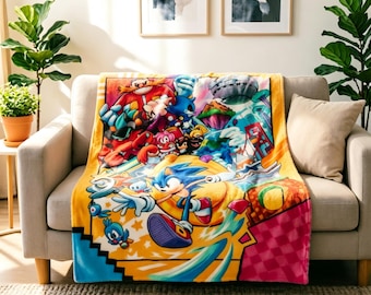 Coperta morbida con stampa Sonic Green Hill Zone, ideale come regalo di compleanno per gli amanti dei videogiochi retrò.