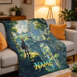 Personalized Zelda Blanket Soft Throw, Custom Name Fantasy Game Landscape Throw