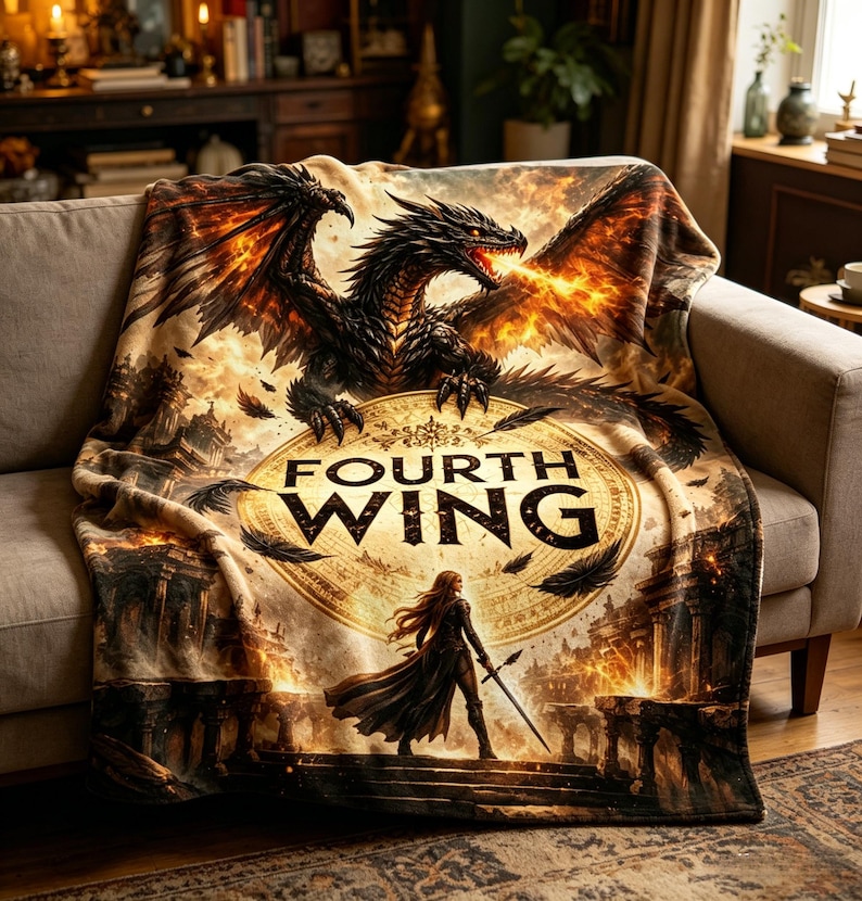 K&ouml;nnte beinhalten: Eine weiche Decke mit einem Fantasy-Design. Ein schwarzer Drache mit Feueratem ist &uuml;ber dem Text "FOURTH WING" abgebildet. Eine Kriegerin mit einem Schwert steht auf einer Steinstruktur. Die Decke liegt auf einem Sofa.