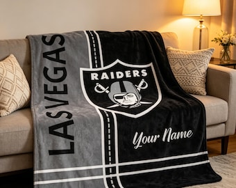 Coperta personalizzata dei Las Vegas Raiders, morbida e comoda, con nome personalizzato, ideale come regalo per gli appassionati di football NFL.