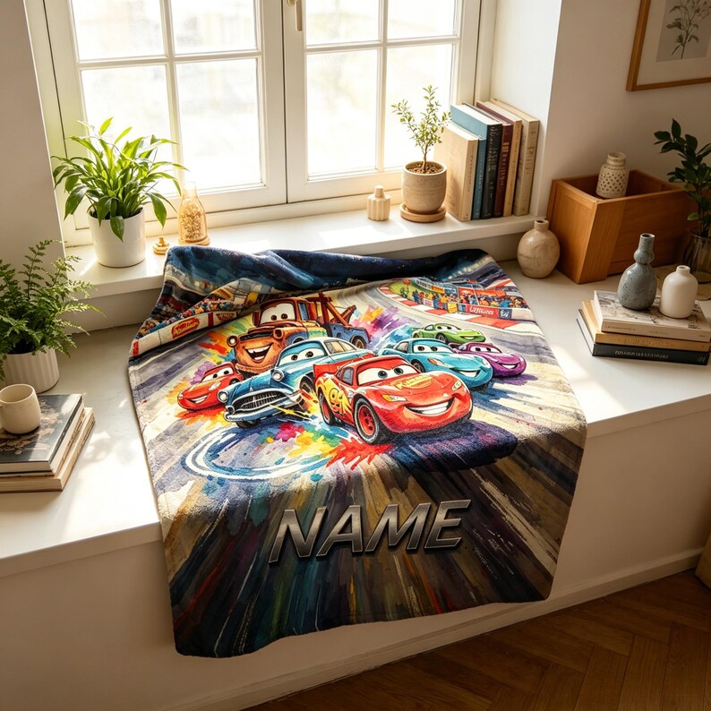 Pu&ograve; includere: Una morbida coperta con una stampa grafica colorata di auto da corsa animate, tra cui un'auto rossa con il numero 95, un'auto blu e un carro attrezzi marrone. Il design include uno sfondo di pista da corsa e la parola NAME in grassetto.