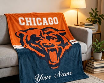Manta personalizada de los Chicago Bears, suave y con nombre personalizado, ideal como regalo de cumpleaños para aficionados al fútbol americano de la NFL.