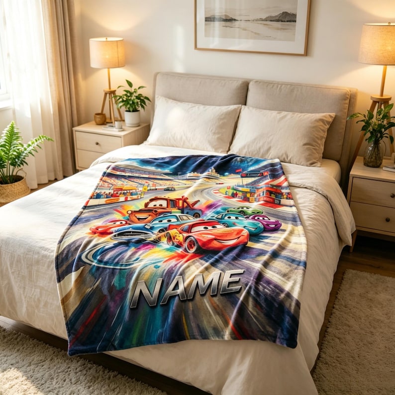 Pu&ograve; includere: Una morbida coperta con una grafica colorata di auto da corsa animate su una pista, con la parola NAME stampata in grassetto e in stile metallico nella parte inferiore. Il design include auto rosse, blu e verdi in una scena di gara.