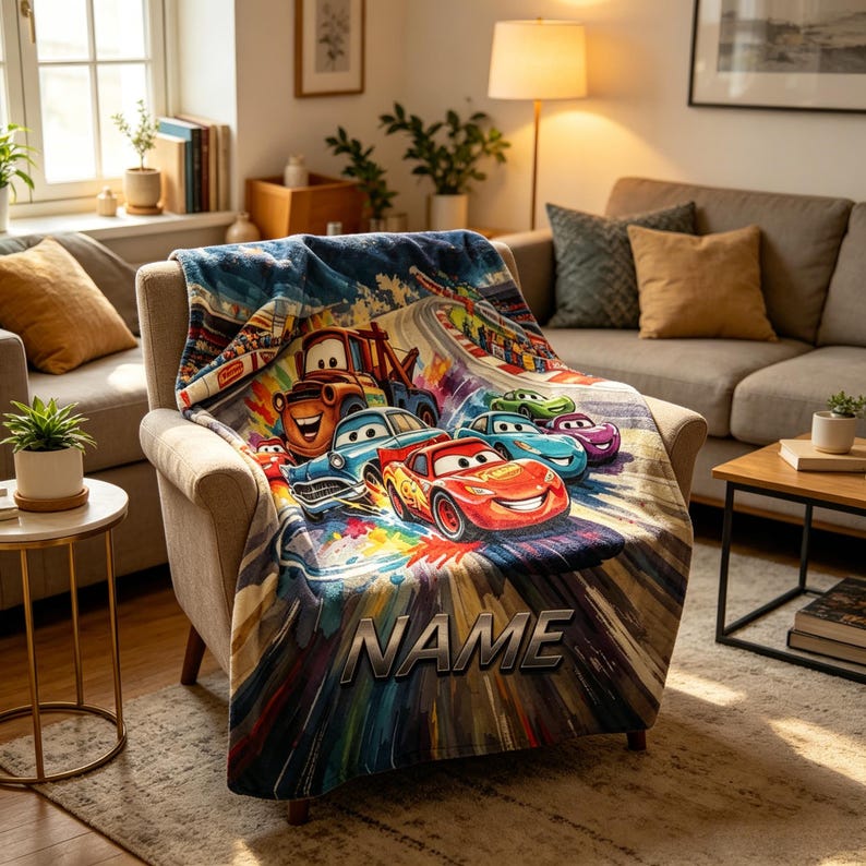 Pu&ograve; includere: Una morbida coperta in pile con una stampa grafica colorata di auto da corsa animate, tra cui un'auto rossa, una blu e un carro attrezzi marrone su una pista. La parola NAME &egrave; stampata in grandi lettere metallizzate nella parte inferiore.