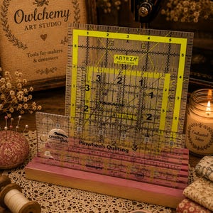 May include: A wooden organizer stand holding multiple clear acrylic quilting rulers of various sizes. The rulers feature yellow and black grid markings, inch measurements, and brand logos including Arteza, Fiskars, and Creative Grids. The stand is light pink.