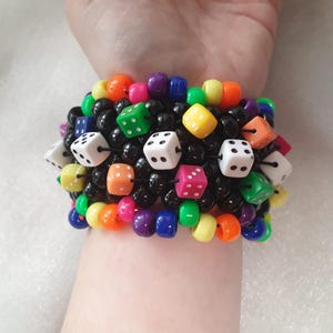 Rainbow  and Black dice  Kandi X stitch  bracelet cuff rave concert jewellery